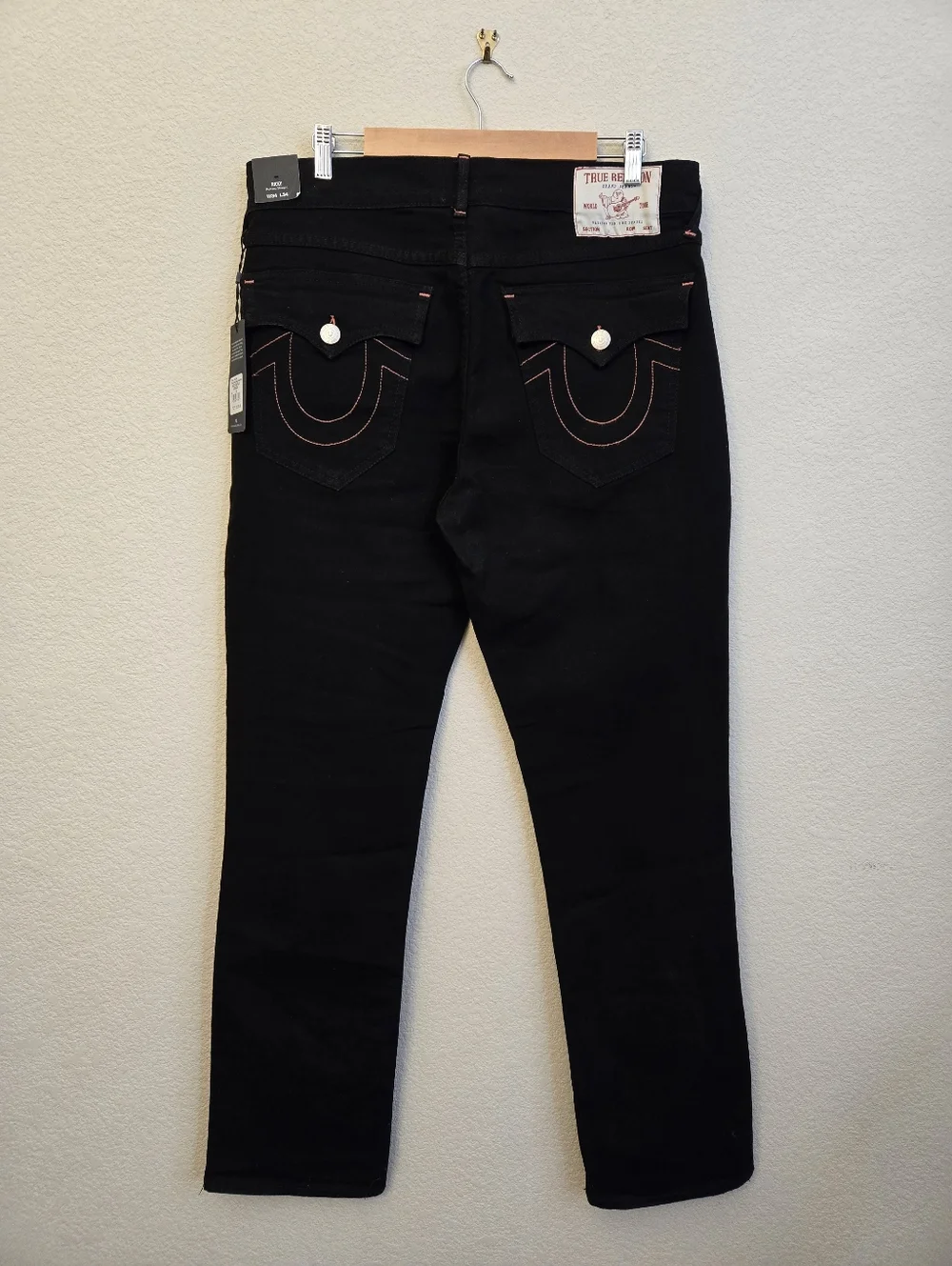 True Religion Mens Sz 34x34 Ricky Straight Relaxed Black Denim Flap Pockets